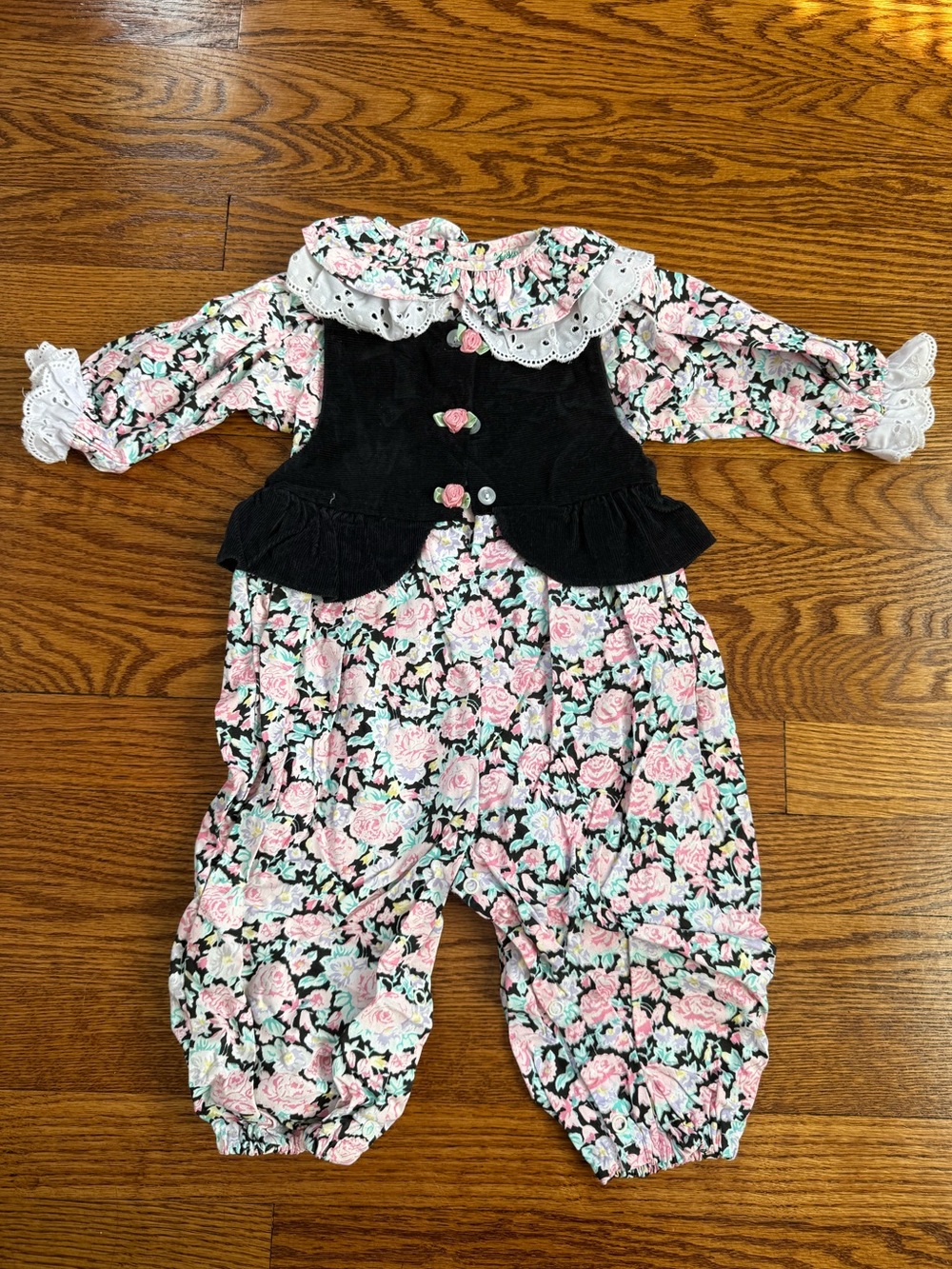Vintage Tiny Tots Original Floral Romper Corduroy Vest Overlay 100% Cotton 12m